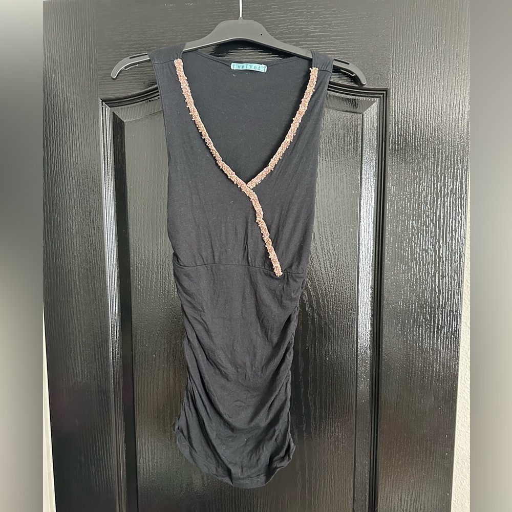Black Velvet Brand Tank Blouse with Beaded Neckline and Rouged Sides, Large